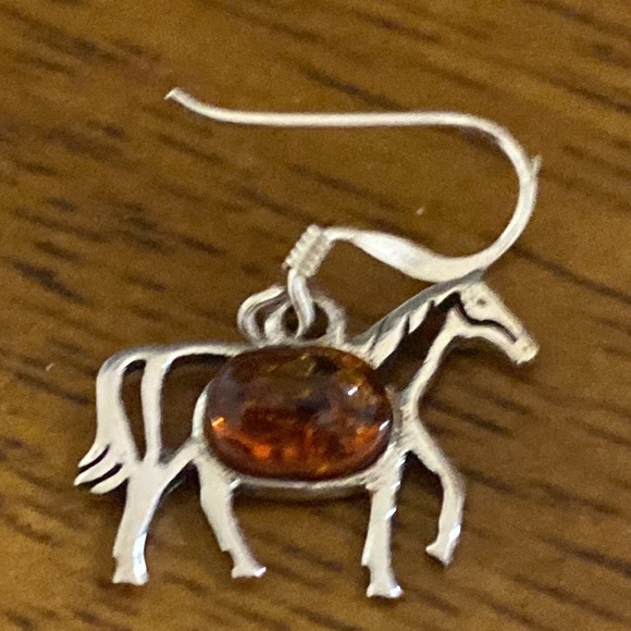 Amber Sterling Silver Horse Dangle Pierced Earrings - Picture 3 of 3